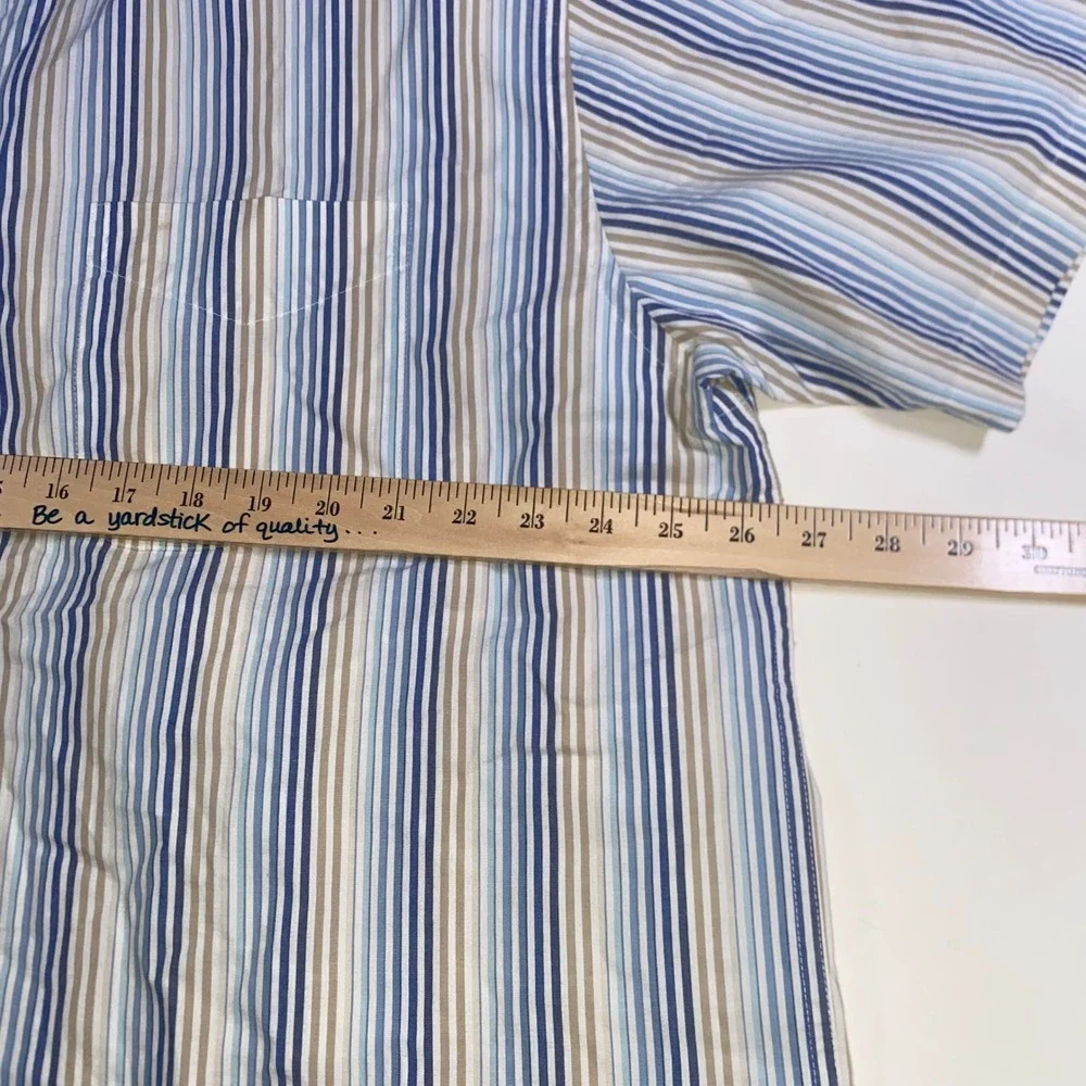 St Johns Bay Men XL Blue Tan Striped Short Sleeve Cotton Button Down Shirt DD211